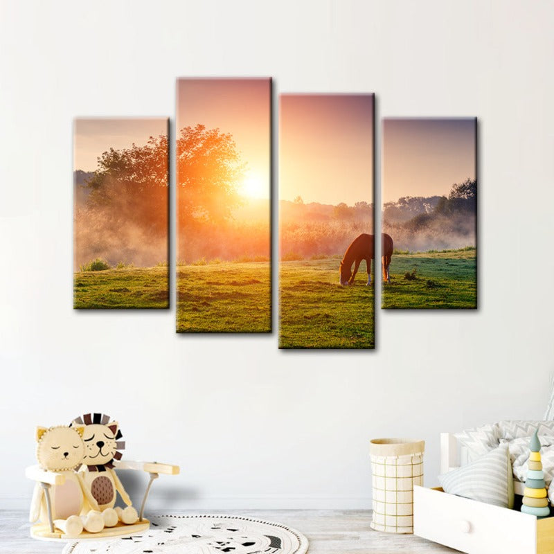 4-teilige Sonnenaufgang Weidepferd - Leinwand Wandkunst Malerei