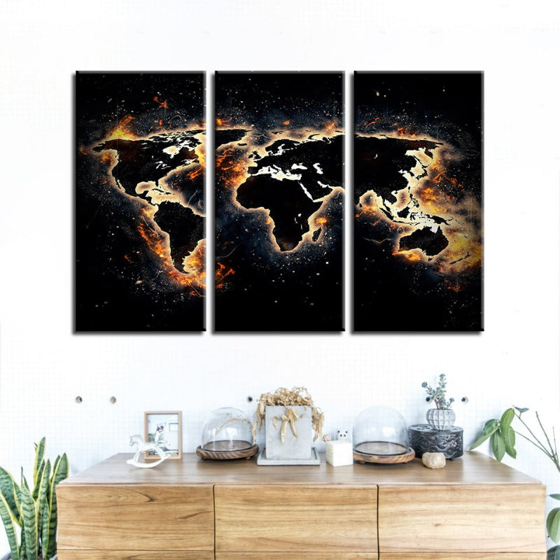Feuer und schwarze Weltkarte - Leinwand Wandkunst Gemälde 3 Teile