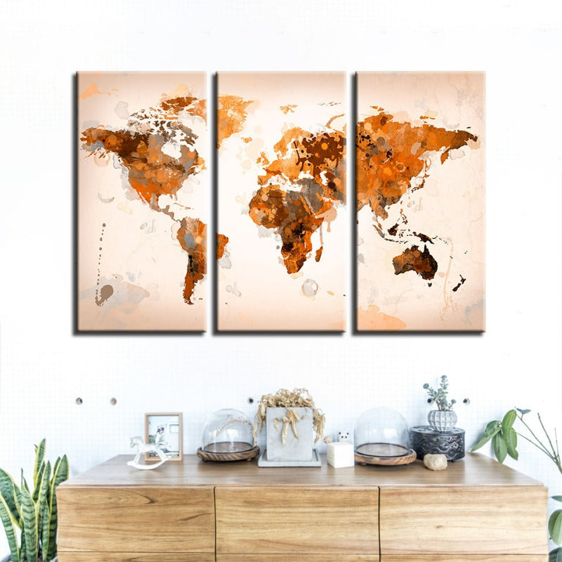 Schöne abstrakte braune Weltkarte-Canvas-Wandkunstbild 3 Teile