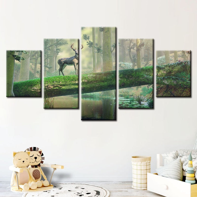 5-teilige verzauberte Wald Hirsch - Leinwand Wandkunst Malerei