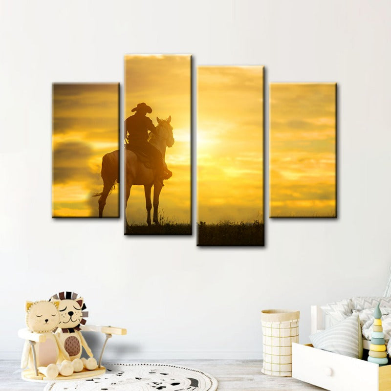 Ein Cowboy und sein Pferd - Leinwand Wandkunst Gemälde 4 Teile