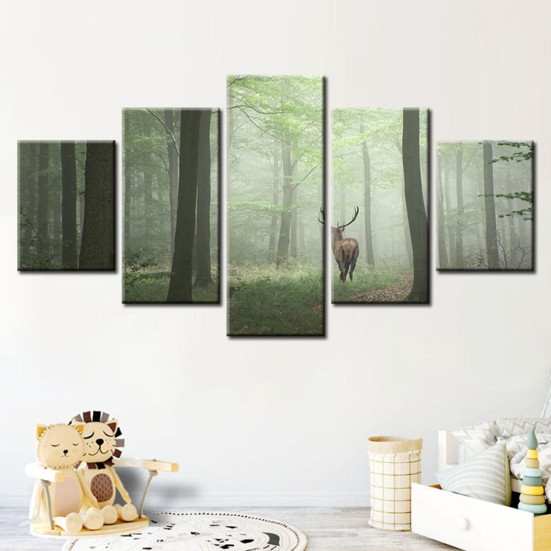 5 Stück Nebel Mystische Rehe Im Wald - Leinwand Wandkunst Gemälde