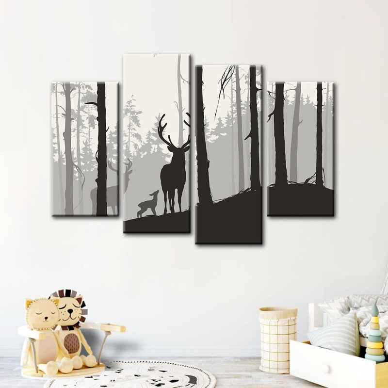 4 Stück Silhouette Hirsch Familie - Leinwand Wandkunst Malerei