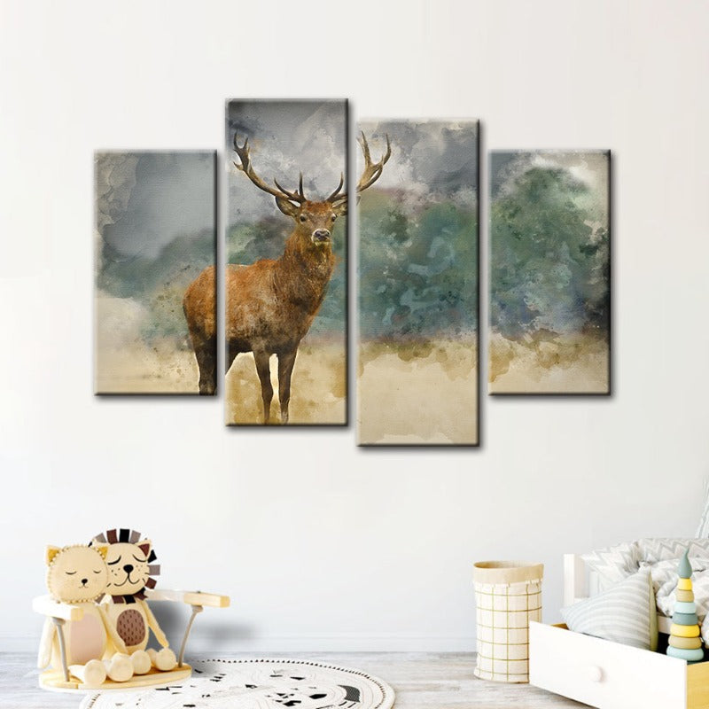 4-teilige Aquarell Ebenholz Hirsch - Leinwand Wandkunstmalerei