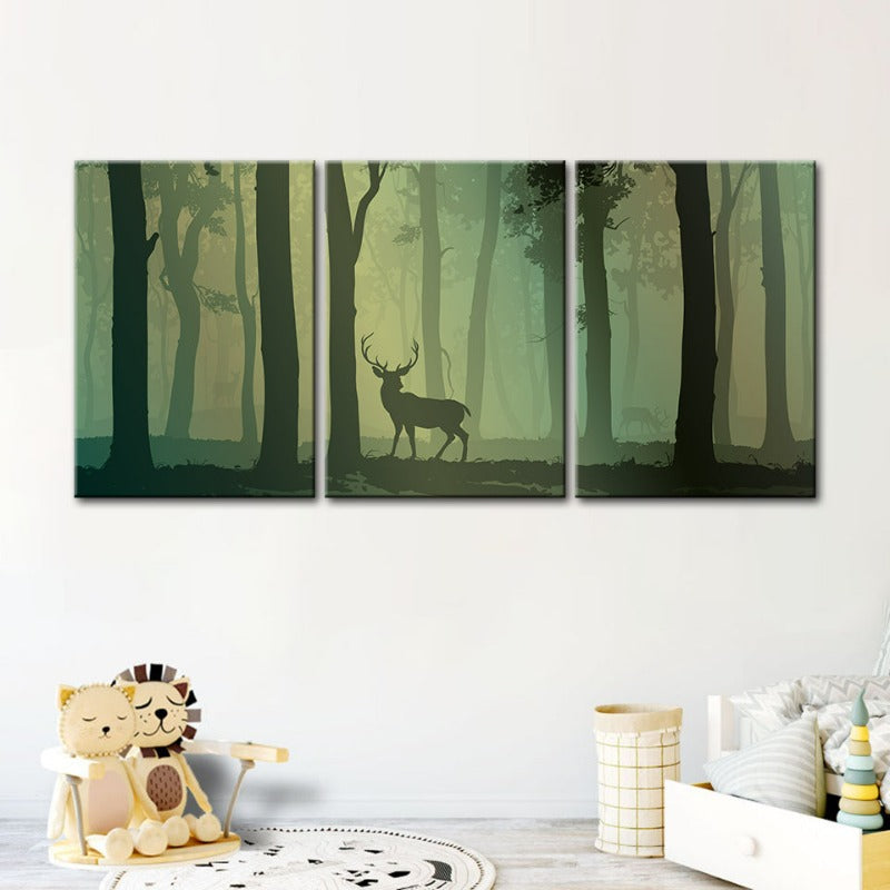Verzauberte grüne Ton Silhouetten Reh-Leinwand Wandkunst Gemälde 3 Stücke