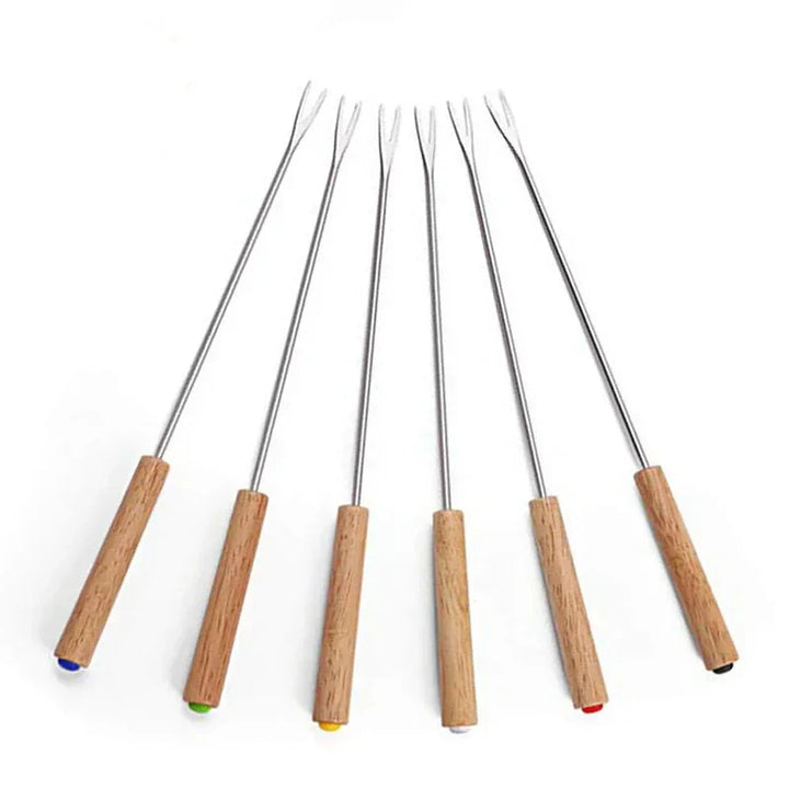 6 Stück Edelstahlgabeln mit Holzgriff für BBQ Lagerfeuer Grill | Brehn