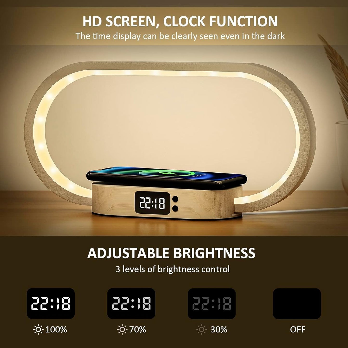 Brehn | Drahtlose Lade-Nachttischlampe mit Uhr – Lumora