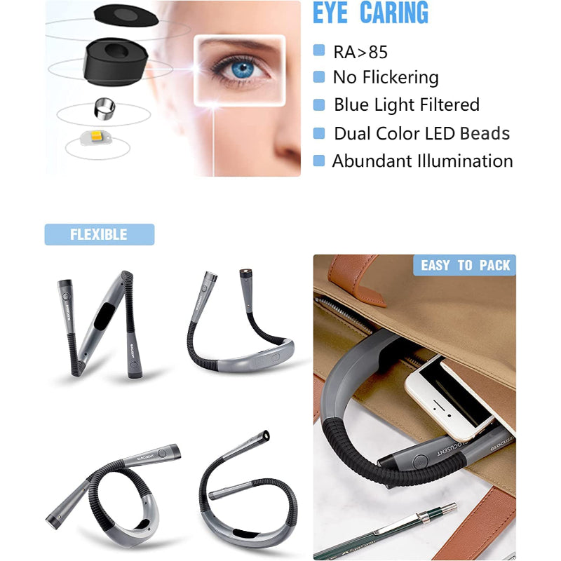 Brehn | LED Nackenleselampe, Buchlicht zum Lesen im Bett, 3 Farben, 6 Helligkeitsstufen, biegbarer Arm, wiederaufladbar, langlebig, perfekt zum Lesen, Stricken, Campen, Reparieren