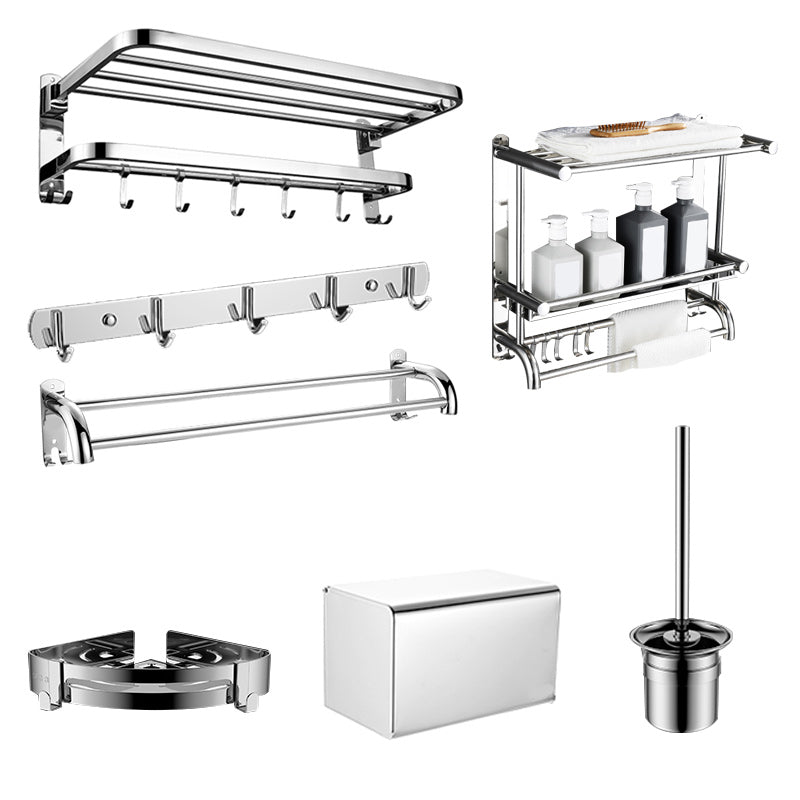 Zeitgenössisches Badezimmer-Accessoire-Set aus verchromtem Edelstahl mit Bademantelhaken/Handtuchstange