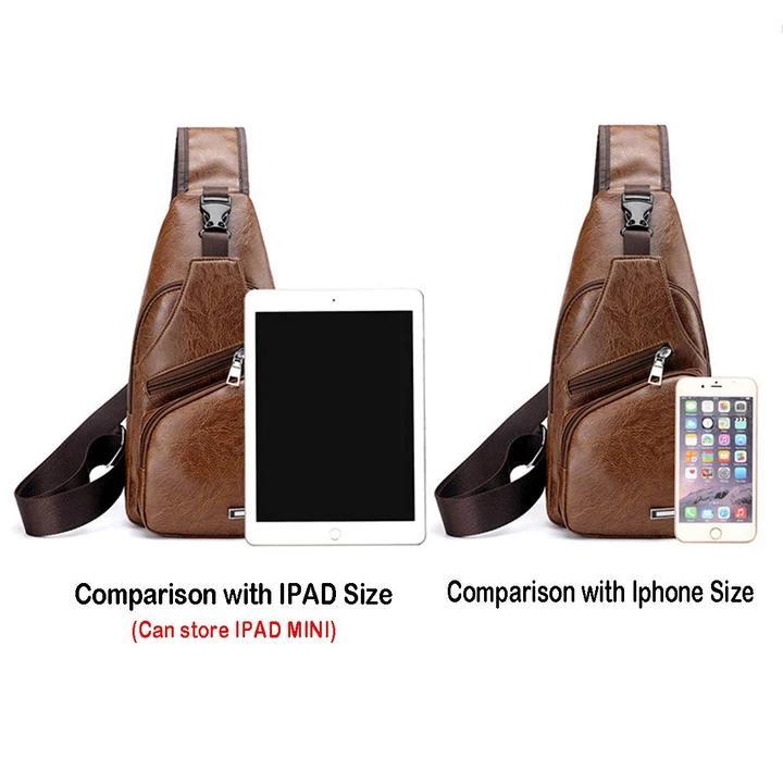 Brehn | Große Herren-Leder-Tasche Brust-Rucksack Wasserfester Crossbody-Bag mit USB
