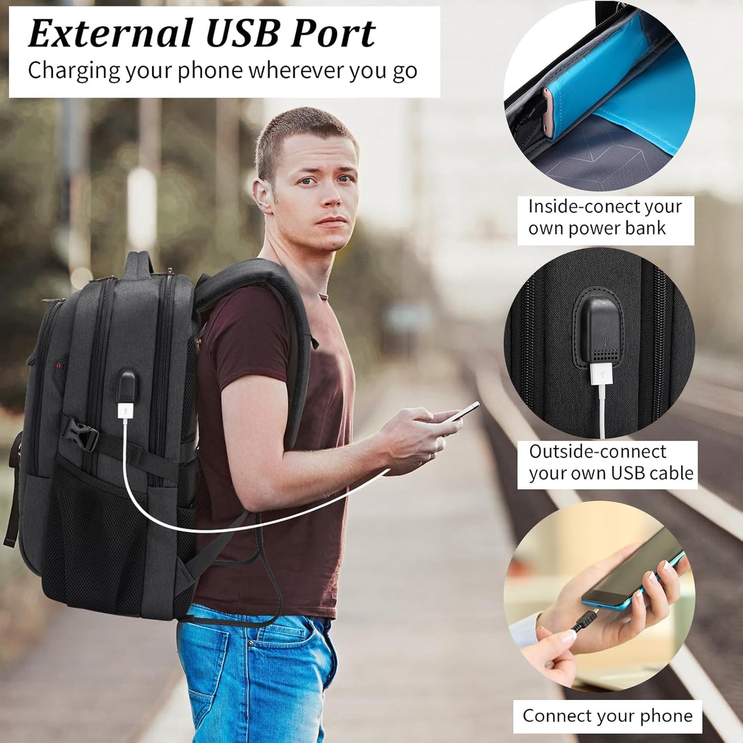 Wasserabweisender Reise-Laptop-Rucksack mit USB-Anschluss & organisierter Aufbewahrung | Brehn