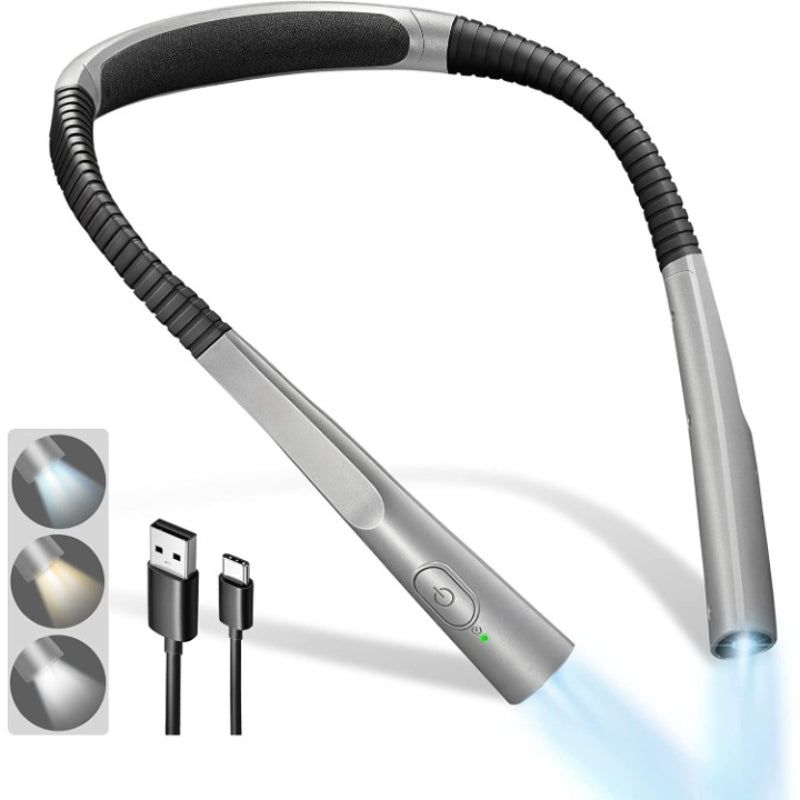 Brehn | LED Nackenleselampe, Buchlicht zum Lesen im Bett, 3 Farben, 6 Helligkeitsstufen, biegbarer Arm, wiederaufladbar, langlebig, perfekt zum Lesen, Stricken, Campen, Reparieren