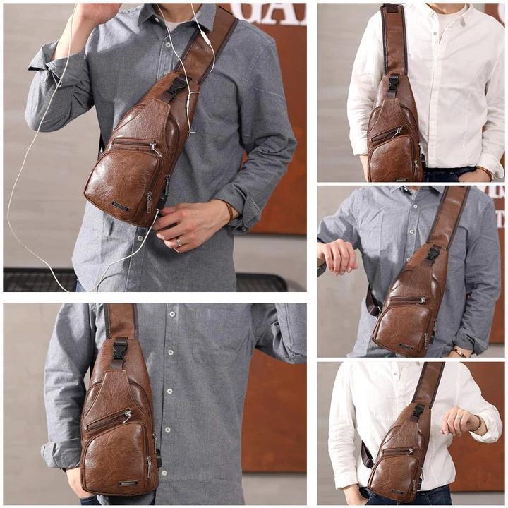 Brehn | Große Herren-Leder-Tasche Brust-Rucksack Wasserfester Crossbody-Bag mit USB