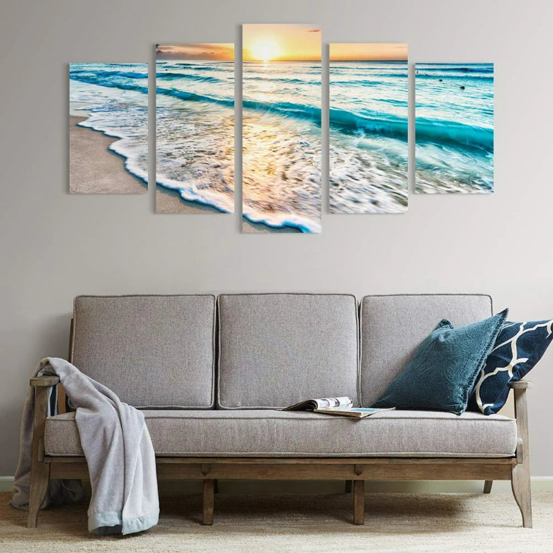 Set mit 5 dekorativen Leinwandbildern mit Meereslandschaft und Strandmotiv
