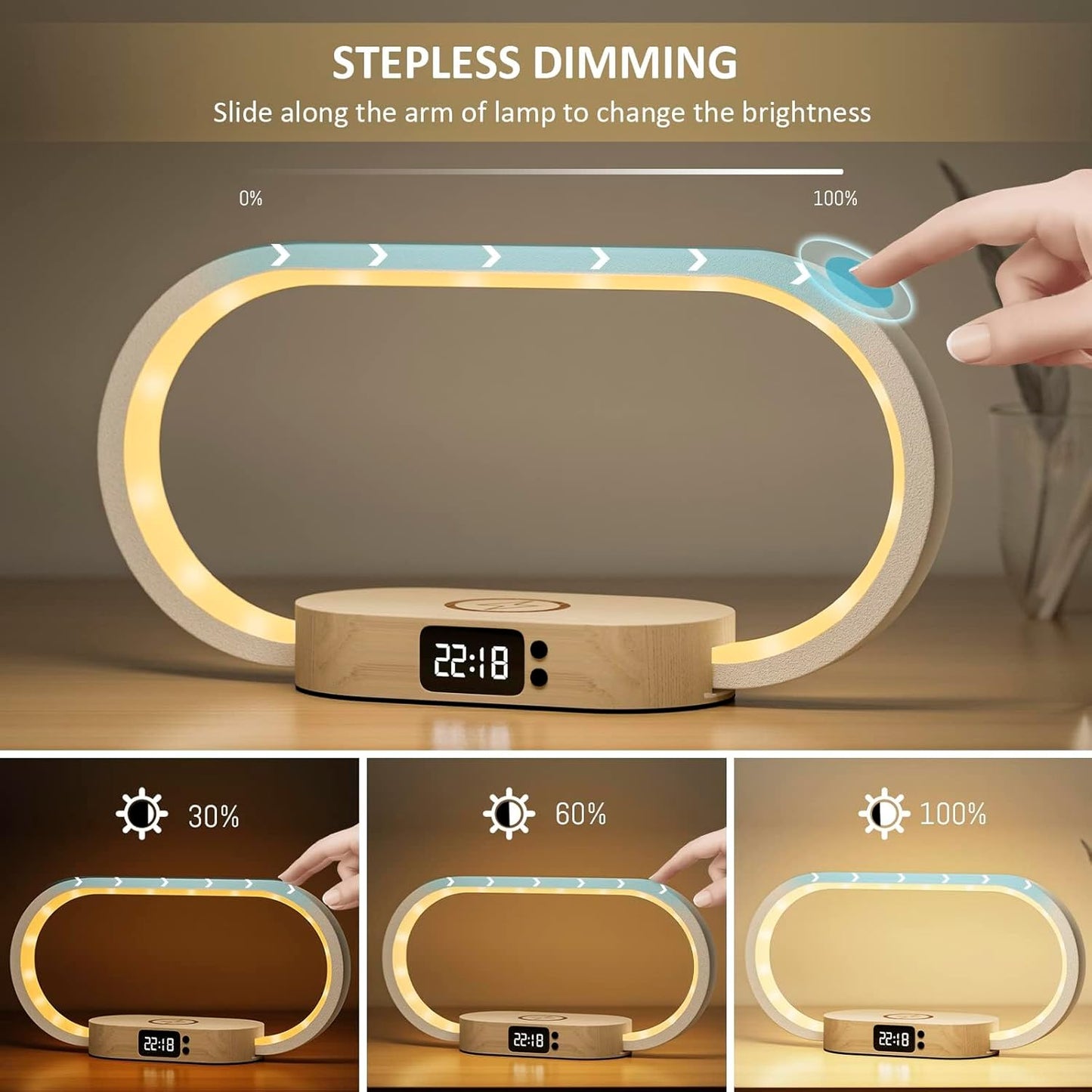 Brehn | Drahtlose Lade-Nachttischlampe mit Uhr – Lumora