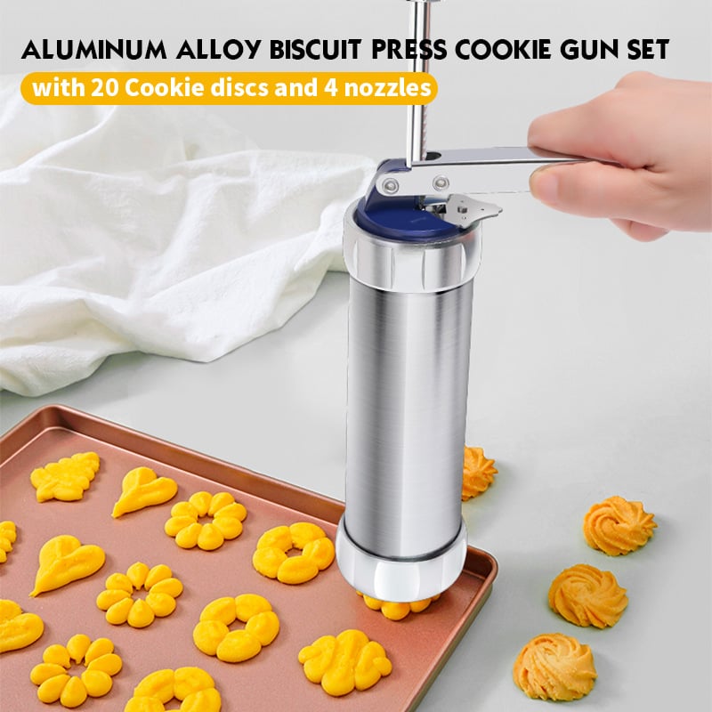 Kekspresse-Set | 20 Edelstahlscheiben & 4 Düsen | Verstellbare Größe & Leicht zu reinigen | BakeJoy