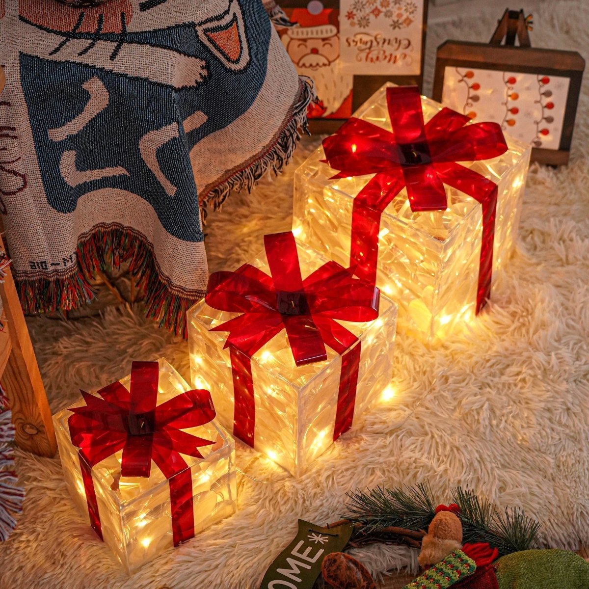 Brehn | Leuchtende Geschenke - Set aus 3 beleuchteten Boxen - Weihnachtsdekoration für drinnen und draußen