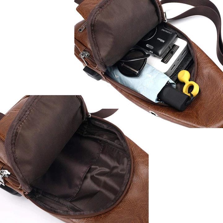 Brehn | Große Herren-Leder-Tasche Brust-Rucksack Wasserfester Crossbody-Bag mit USB
