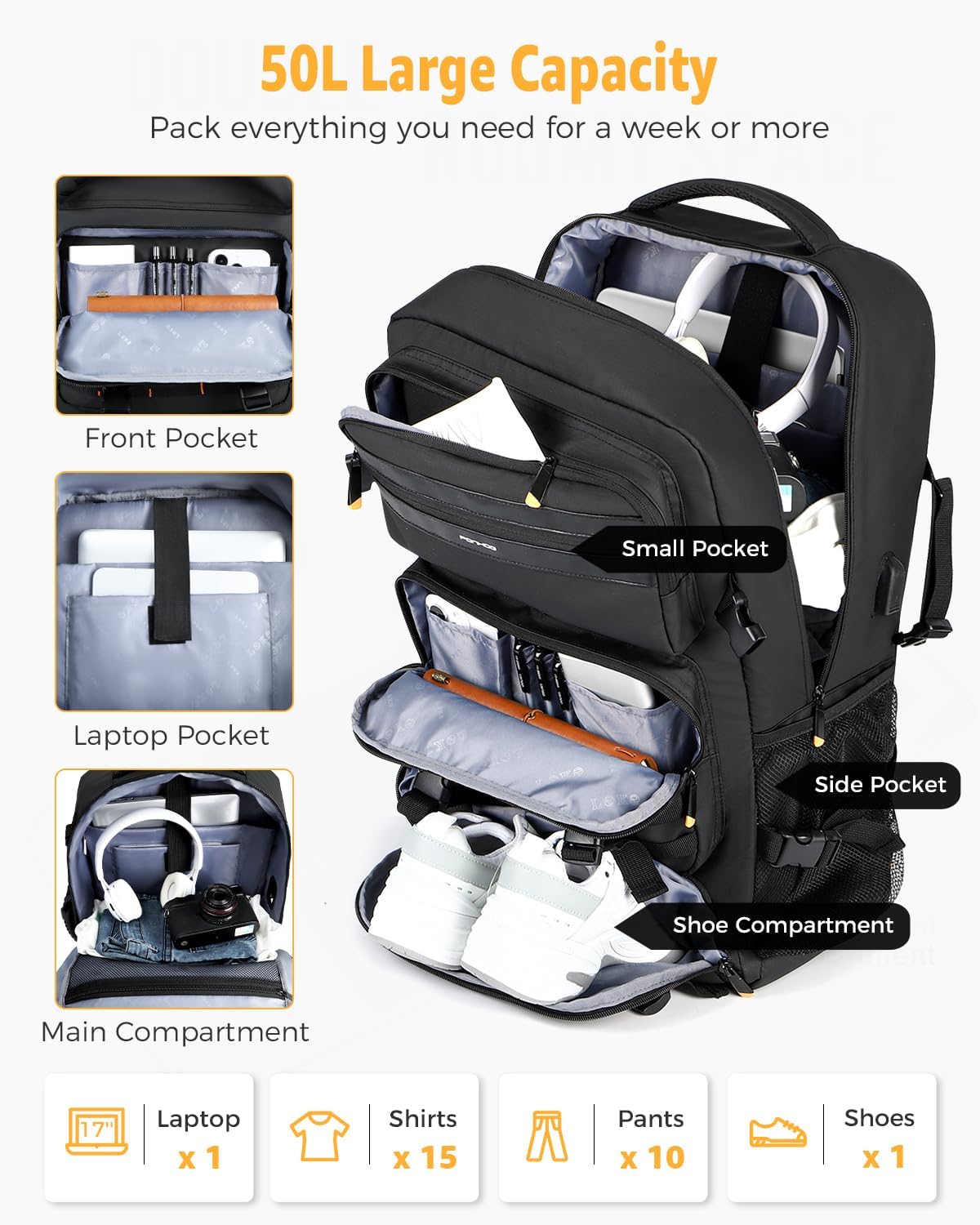50L Flugbereiter Umwandelbarer Reise-Rucksack mit Schuhfach & USB-Anschluss | Brehn