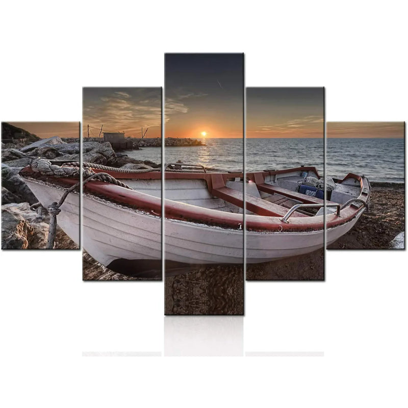 Set mit 5 dekorativen Leinwandbildern mit Strandbootmotiven