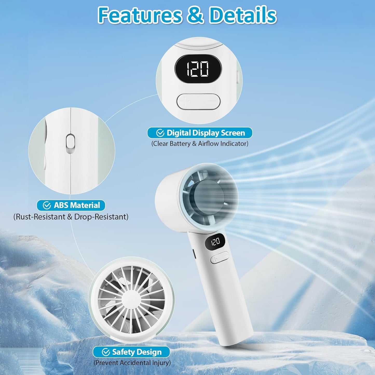 MTech Handheld Hochgeschwindigkeitsventilator – Wiederaufladbarer USB Mini Ventilator mit 120 Geschwindigkeiten & Anzeige | Brehn