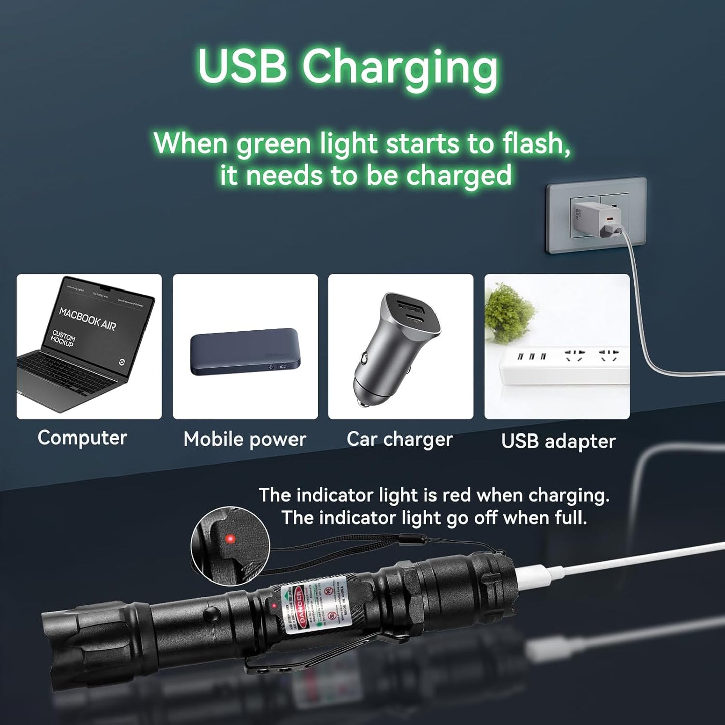 Wiederaufladbare grüne LED-Taschenlampe für den Außenbereich
