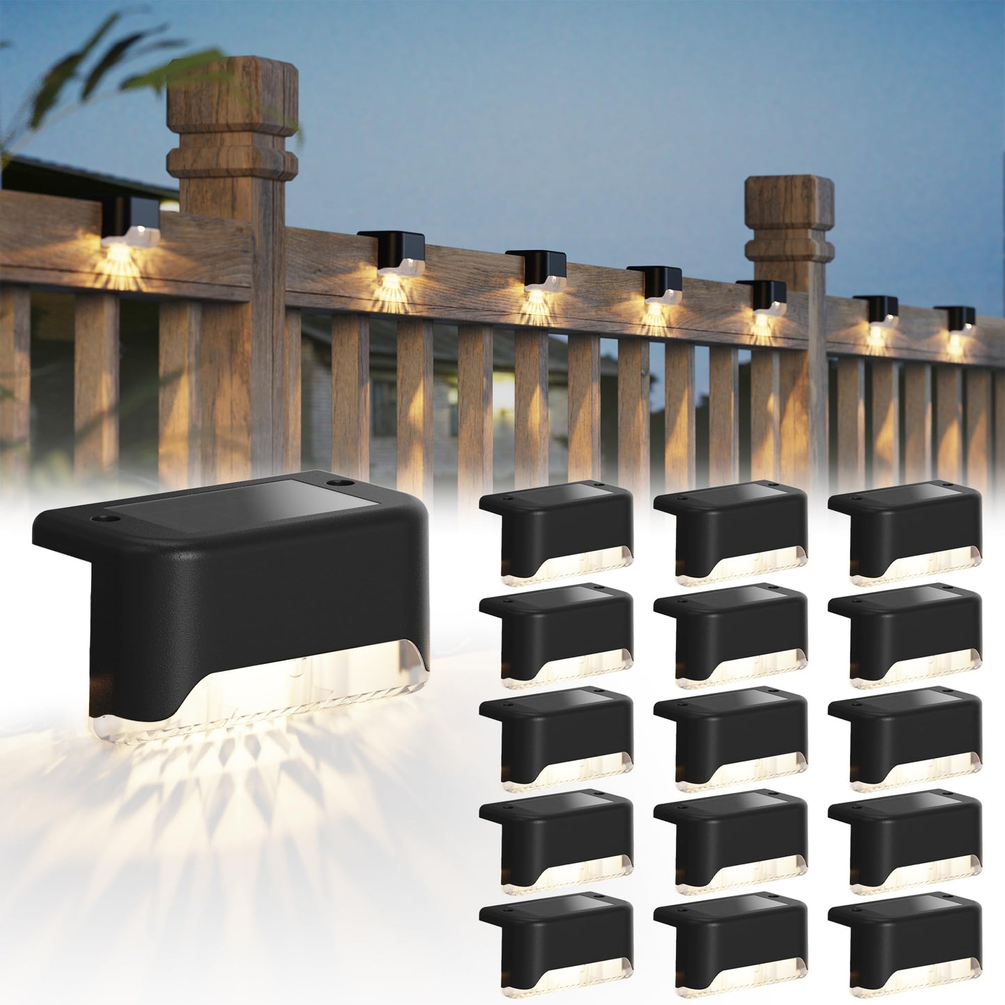 Brehn | 16er Pack Solar Deck Licht - Wetterfestes LED Zaunlicht für Garten, Terrasse, Treppen, Schwarz