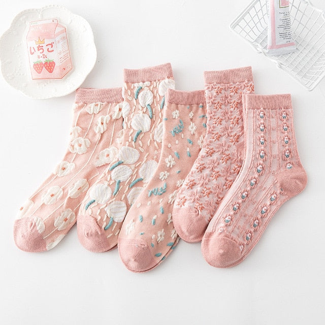 5 Paar Socken im Vintage-Stil mit Blumenstickerei