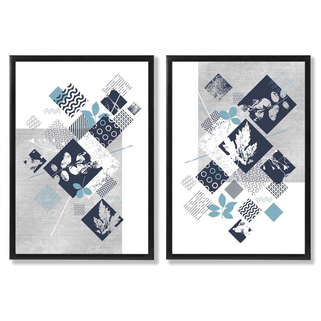 Set aus 2 Kunstdrucken mit Blumenrahmen in Blau und Grau (Mixed Media)