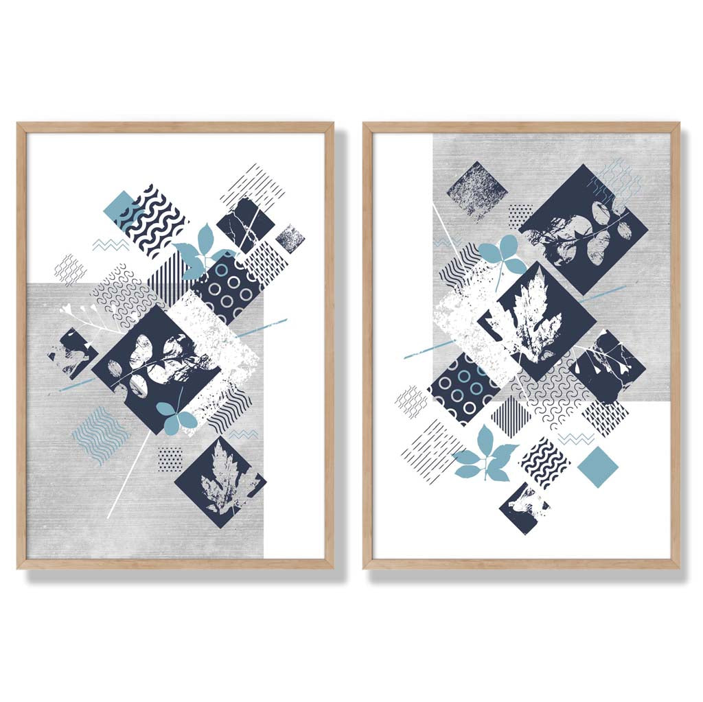 Set aus 2 Kunstdrucken mit Blumenrahmen in Blau und Grau (Mixed Media)