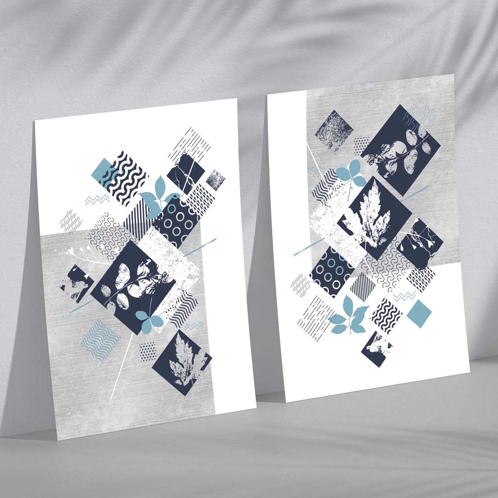 Set aus 2 Kunstdrucken mit Blumenrahmen in Blau und Grau (Mixed Media)