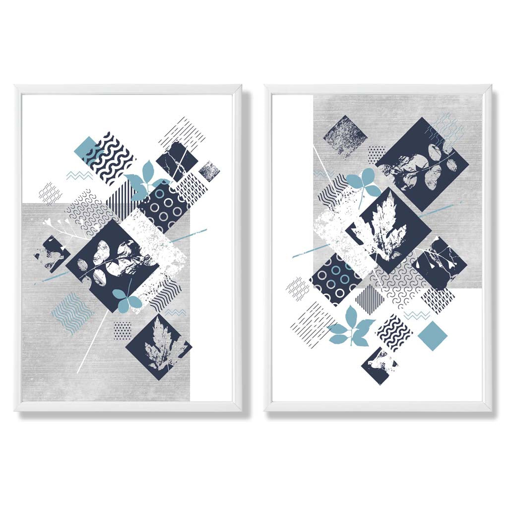 Set aus 2 Kunstdrucken mit Blumenrahmen in Blau und Grau (Mixed Media)