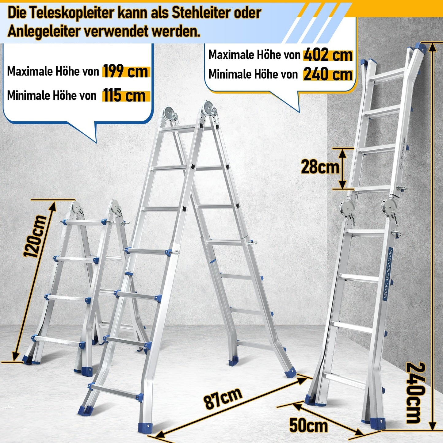 Teleskopleiter Multifunktionsleiter 3 in 1 Aluleiter | Brehn