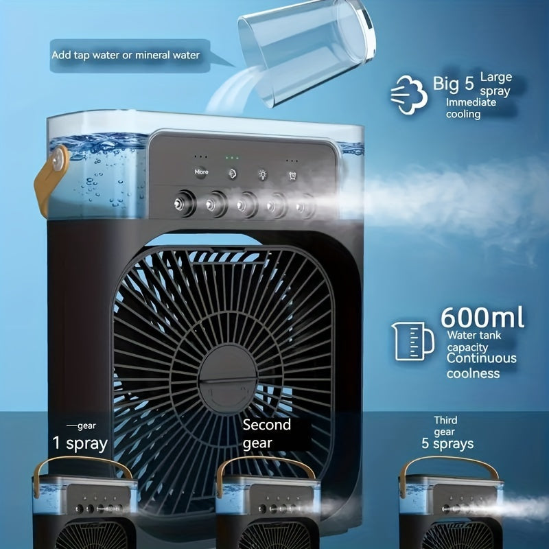 1pc Tragbare Klimaanlage, Tragbarer Luftkühler für den Haushalt, Hydrokühlventilator, Tragbare Luftanpassung für das Büro, 3-Geschwindigkeits-Luftkühlventilator-Luftbefeuchter, 5 Stück befeuchtete Sprühköpfe für Haushaltsgeräte | Brehn