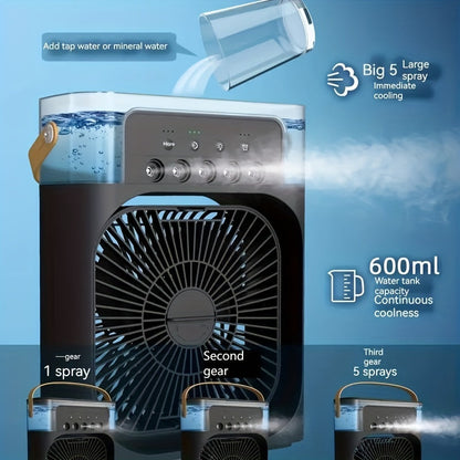 1pc Tragbare Klimaanlage, Tragbarer Luftkühler für den Haushalt, Hydrokühlventilator, Tragbare Luftanpassung für das Büro, 3-Geschwindigkeits-Luftkühlventilator-Luftbefeuchter, 5 Stück befeuchtete Sprühköpfe für Haushaltsgeräte | Brehn