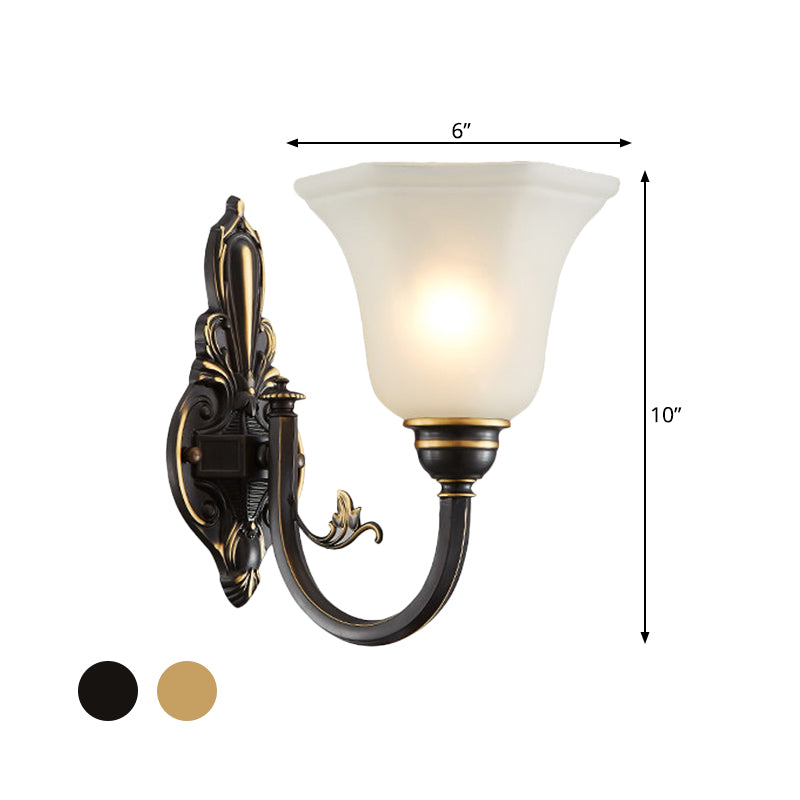 Gekrümmte Arm Flur Wandlampe Traditionelle Metall 1/2-Kopf Messing/Schwarz und Gold Wandleuchte mit Flared Frosted Glass Shade | Brehn