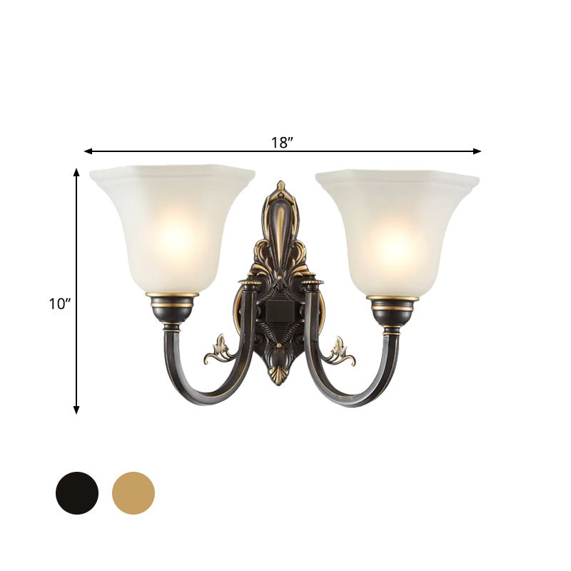 Gekrümmte Arm Flur Wandlampe Traditionelle Metall 1/2-Kopf Messing/Schwarz und Gold Wandleuchte mit Flared Frosted Glass Shade | Brehn
