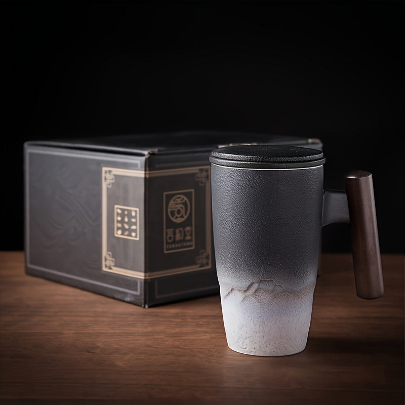 Brehn | TeaCraft Ceramic Mug | Handcrafted | With Tea Filter and Wooden Handle | Retro Design