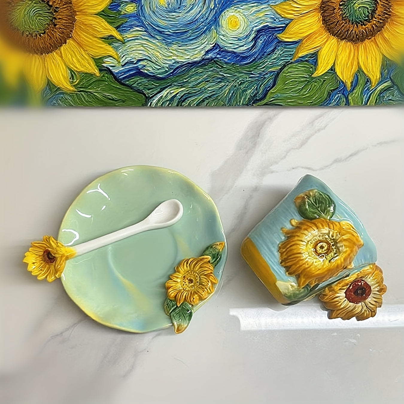 ArtSip Keramiktasse & Untertasse Set – Handgemalte 3D-Design inspiriert von Van Gogh | Brehn