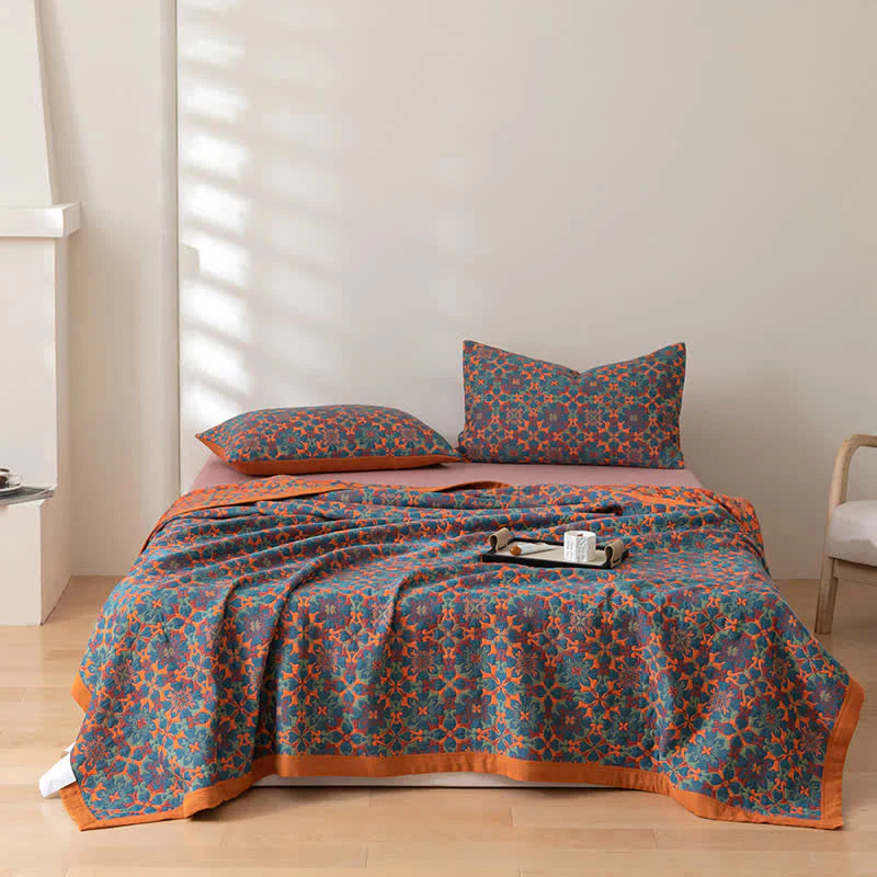 Brehn | Orange & Blau Muster Sechs-Lagen Baumwolldecke - TerraLoom