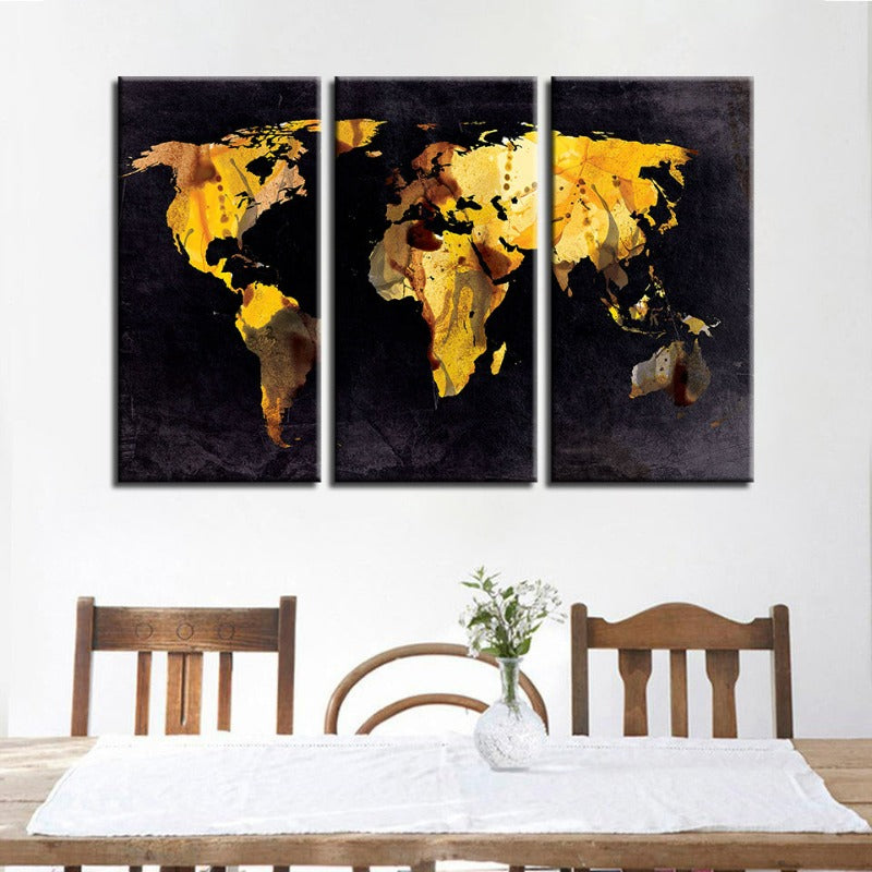 Schöne gelbe Blätter-Weltkarte-Leinwand Wandkunst Malerei 3 Teile