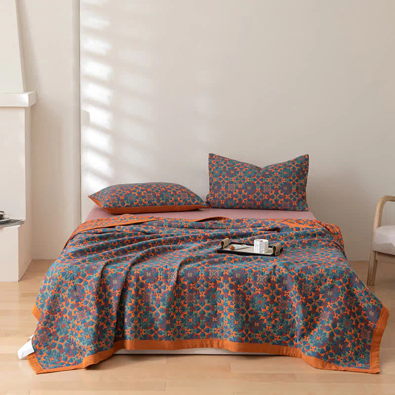 Brehn | Orange & Blau Muster Sechs-Layer Baumwolle Decke - TerraLoom