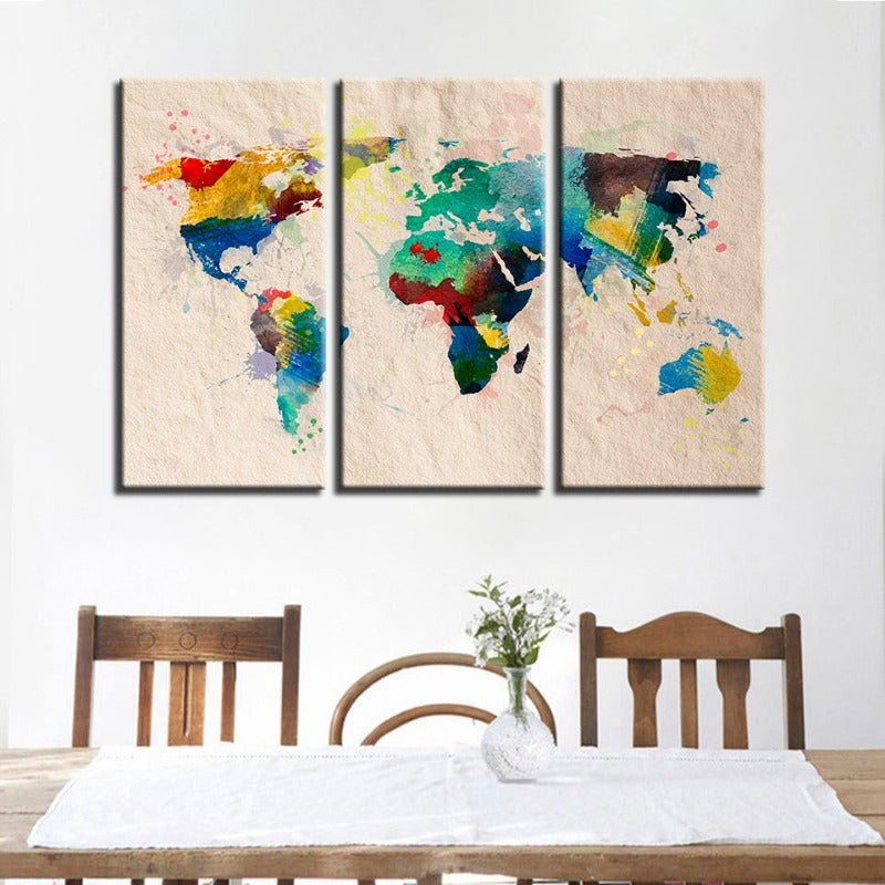 Schöne abstrakte Regenbogenfarbene Weltkarte - Leinwand Wandkunst Gemälde 3 Teile