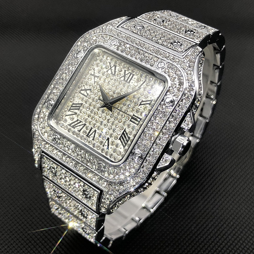 Brehn | MISSFOX Ice Out Square Herrenuhr | 18K Gold Nano-Vakuum-Beschichtung | Schweizer Quarz-Uhrwerk | Vollbesetzt mit Lab-Diamanten | Edelstahl-Gehäuse | Wasserdicht 3 ATM
