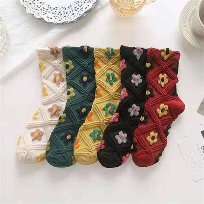5 Paar Socken im Vintage-Stil mit Blumenstickerei