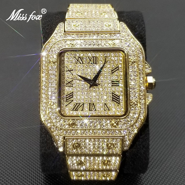Brehn | MISSFOX Ice Out Square Herrenuhr | 18K Gold Nano-Vakuum-Beschichtung | Schweizer Quarz-Uhrwerk | Vollbesetzt mit Lab-Diamanten | Edelstahl-Gehäuse | Wasserdicht 3 ATM