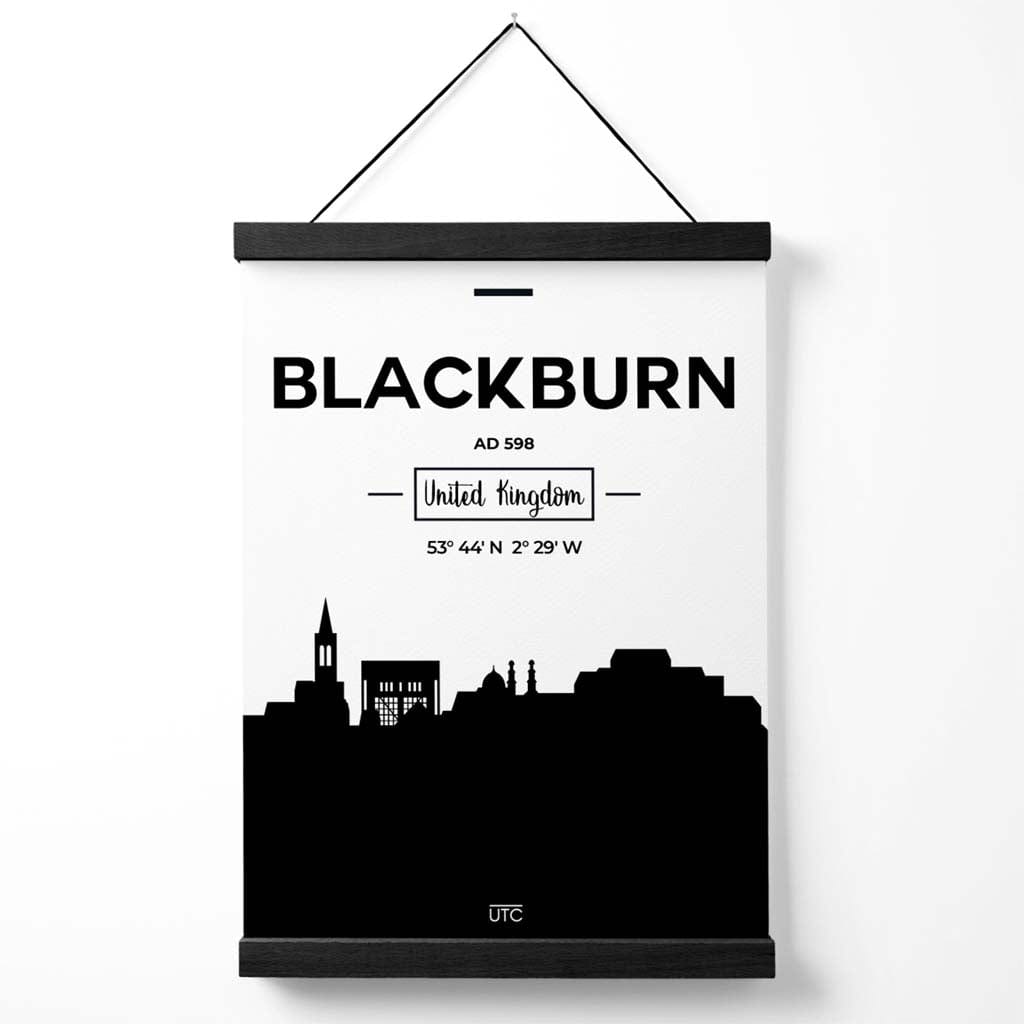 Blackburn Stadtbild-Poster in Schwarz-Weiß mit Aufhänger