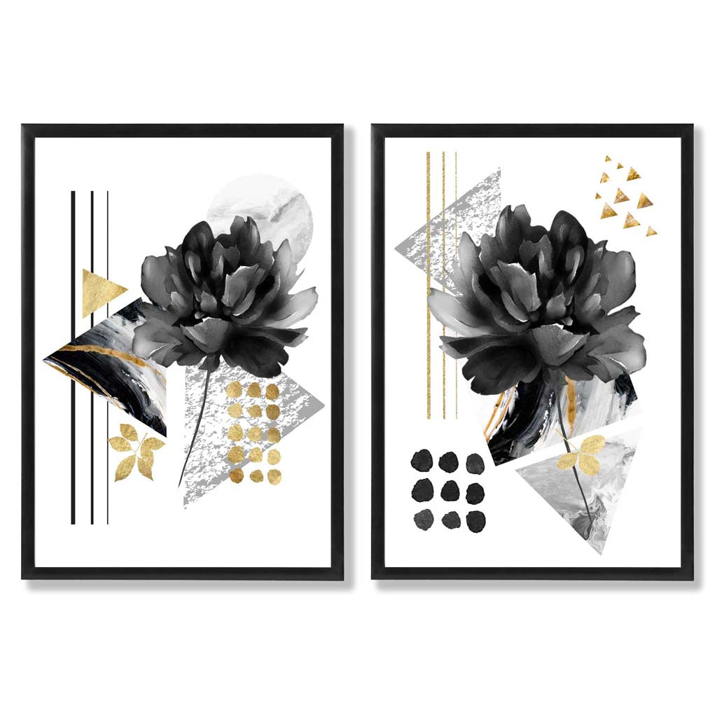 Moderne Blumenmotive, schwarz-gold gerahmtes Set aus 2 Kunstdrucken