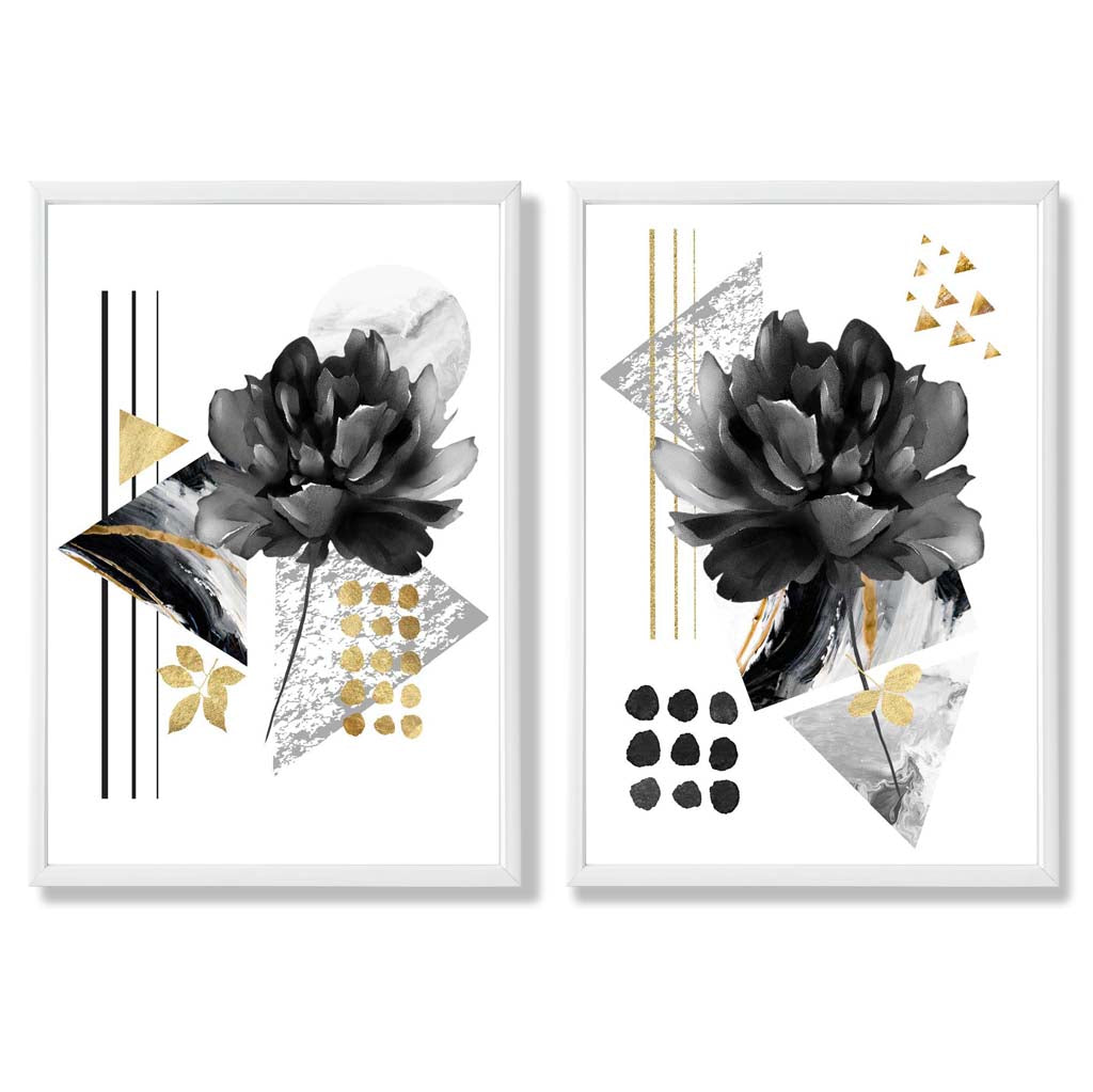 Moderne Blumenmotive, schwarz-gold gerahmtes Set aus 2 Kunstdrucken