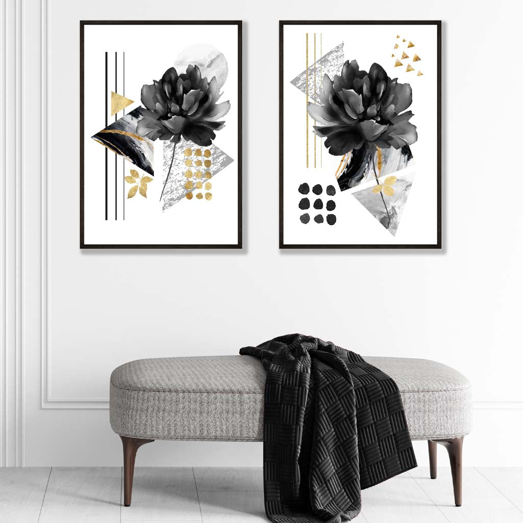 Zeitgenössische Blumen in Schwarz und Gold, 2 Kunstdrucke